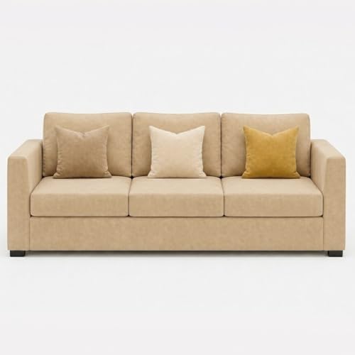 Image of FURNY Revona 5 Seater L Shape Sofa Set with 2 Movable Ottoman | Flexible Left or Right Layout | Plush Velvet Fabric (Beige) | Perfect for Living Room, Guest Room & Office