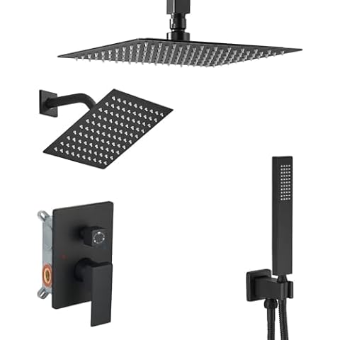 JingGang Shower Faucet Set Matte Black Shower System with Handheld, Ceiling Mount 10 Inch Shower Head with 6 Inch Wall Mount Shower Head Cover