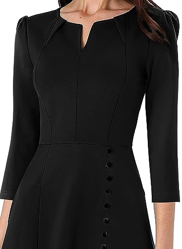 VFSHOW Womens Pleated Notch Neck Front Slit Buttons Pockets Office Business Work Slim Fit A-line Fit and Flare Midi Dress3