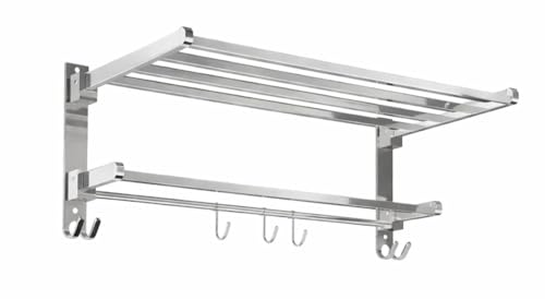 Image of Natheeph Towel Holder in Bathroom,(Silver) - Towel Hanger for Wall, Square Edges Stainless Steel Foldable, Rustproof Wall Mounted Bathroom Shelf with Hooks, Heavy Duty Bathroom Accessories