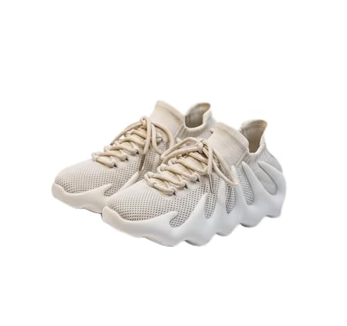 Shoes for Women/Men, Mesh Knit Athletic Sneakers with Wave Platform Sole, Cream White, Lace-up Design