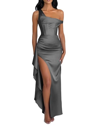 Sougoue Off Shoulder Prom Dresses 2025 Grey Mermaid Bridesmaid Dresses Satin Corset Cocktail Party Dress with Slit US4