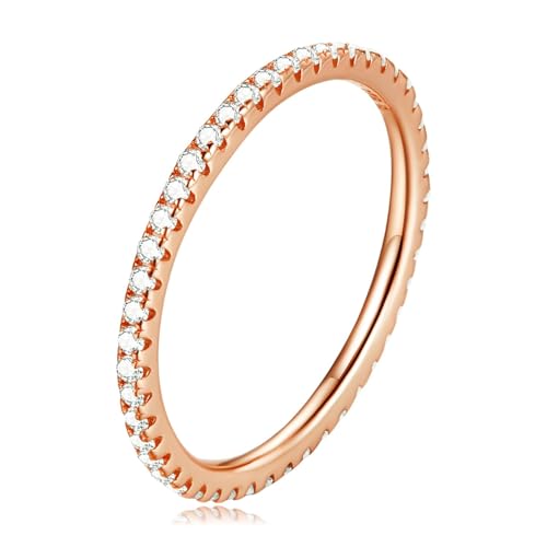 WOSTU 925 Sterling Silver Ring Eternity Cubic Zirconia Stackable Wedding Band Tarnish Resistant for Women Men Multi Colors Statement Rings Comfort Fit Size 7 Rose Gold
