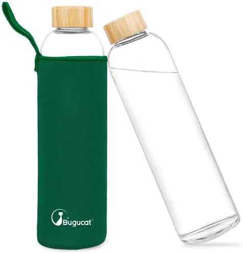 Bugucat Borosilicate Glass Water Bottles 1000ML, Reusable Bamboo Lid Drinking Bottle with Protective Sleeves,Juice Beverage Container BPA-Free Leak Proof for School Sport Yoga Gym Hot Cold Drinks