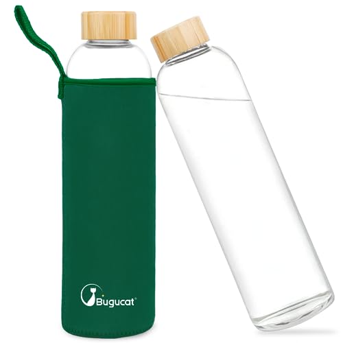 Bugucat Borosilicate Glass Water Bottle 1000ML, Reusable Lid