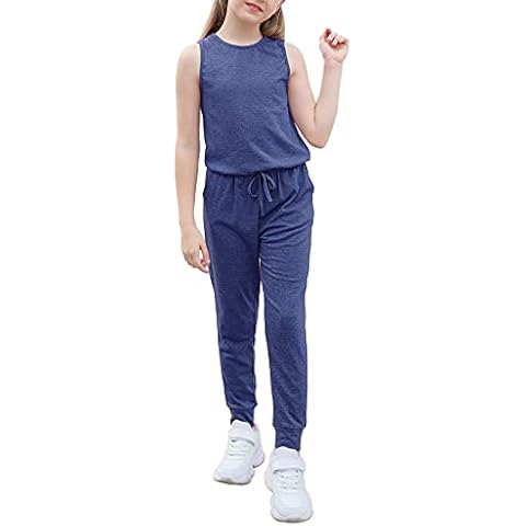 GORLYA Girl's Sleeveless Solid Casual Jumpsuit Rompers Harem Pants Outfits for 4-14T - blue - 4 Years Cover