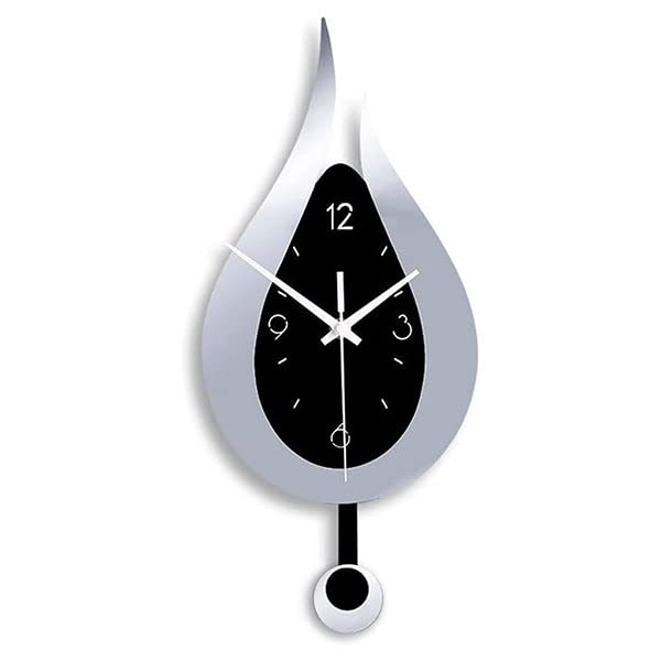 GFFTYX 20.4 Inch Large Silent Modern Decoration Wall Clock with Pendulum Arabic Numerals Water Drop Battery Operation for Home Living Room Bedroom (Silver + Black)