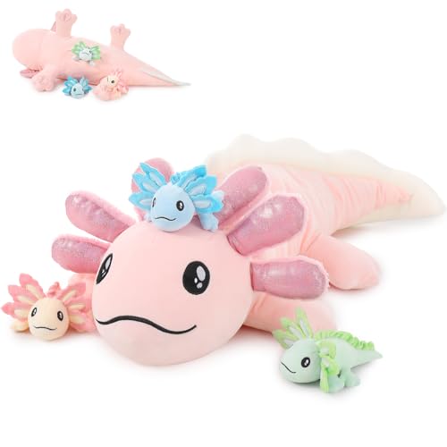 Image of MaoGoLan Giant Axolotl Plush with 3 Babies Inside, 33 inch Axolotl Stuffy | 33 Inch Pink Sequin Mommy Salamander Set For Kids Girls Boys, Kawaii Room Decor, Birthday Christmas Gift, Soft Pillow