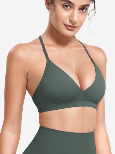 Image of YEOREO CoreFlex Sports Bras for Women Strappy Padded Halter Open Back Light Impact Deep V Neck Yoga Workout Gym Tops