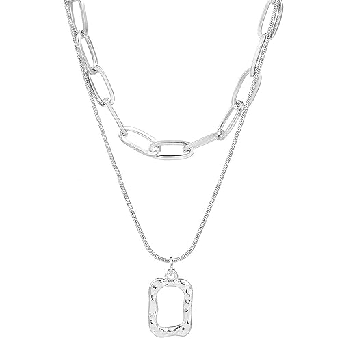 Harry and Henry Layered Choker Necklace for Women Dainty Geometric Square Pendant Necklace Chunky Paperclip Chain Necklace Jewelry for Girls, Adjustable, Brass, No Gemstone