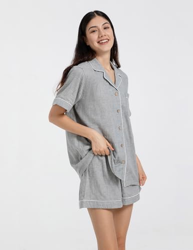 Image of Womens Muslin Pajama Sets 100% Cotton Double Gauze Linen Like Short Pjs | Breathable Soft Comfort Button Up Loungewear Sleepwear PJ Set