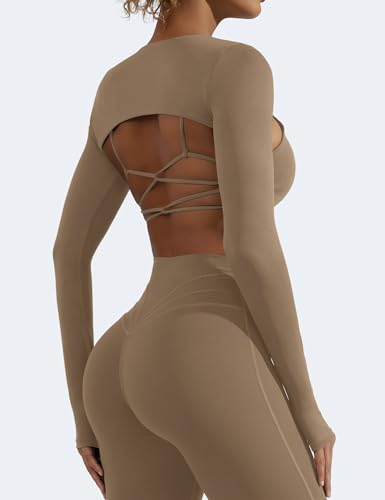 Image of YEOREO Women Crop Top Long Sleeve Bolero Open Front Workout Cropped Shirts Sports Shrug