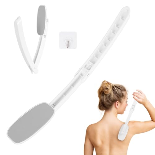 LOPHE Rücken Eincremehilfe, Körperwäsche Lotion Applikator, Rückenbürste mit Applikator Pads, Rückenbürste mit langem Griff, Rückenschrubber（Hellgrau）
