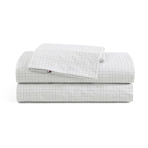 Image of Tommy Hilfiger - Sheet Set, Cotton Percale Bedding with Matching Pillowcase, Crisp & Cool, Premium Quality Home Essentials (New England Plaid Beige, Twin)