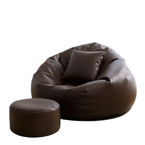 Image of Biggie Bean Faux Leather Bag with Beans Filled XXXXL Bean Bag Orginal Sacks-Bean Bag with Cushion and Footrest-Official:Plush Combo Range-Comfort Level:Basic-(Matching Cushion Round:Brown)