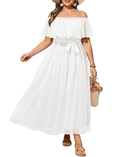 Image of Plus Size Chiffon Off The Shoulder Maxi Long Floral Summer Casual Beach Boho Sundress Women 2024