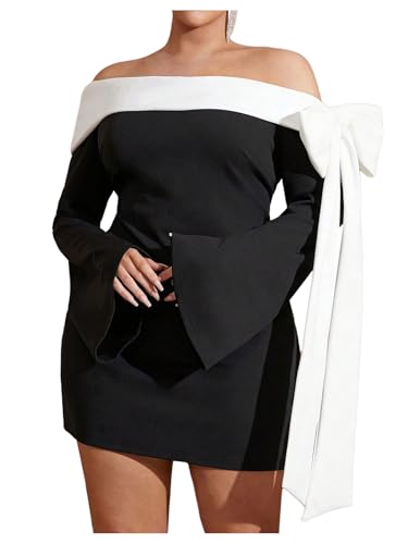 WDIRARA Women's Plus Size Off Shoulder Bowknot Color Block Long Bell Sleeve Bodycon Mini Dress Black Large Plus : Clothing, Shoes & Jewelry