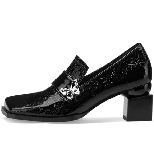Image of Loafers for Women Patent Leather Buckle Square Toe Chunky Block Dress Slip On Wide Casual Comfortable Dressy High Heels Ladies Comfort Moccasins Elegantes 2 Inch Shoes