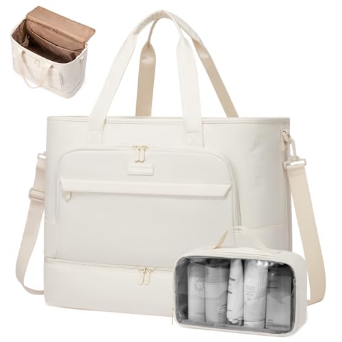 LOVEVOOK Weekender Reisetasche Damen, 45L Große Öffnung Kliniktasche Geburt Overnight Bag mit Schuhfach & Nassfach, Wasserdicht Travel Duffle Bags Sporttasche Gym Yoga Bag für Reise Sport, Beige