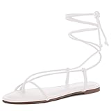 Shoe Land Women’s Flat Sandals – Comfortable Lace-Up Gladiator Sandals with Adjustable Ankle Wrap | Strappy Crisscross Open Toe Tie-Up Shoes for Summer, Beach & Travel, White, Size 6.0, SL-Auday