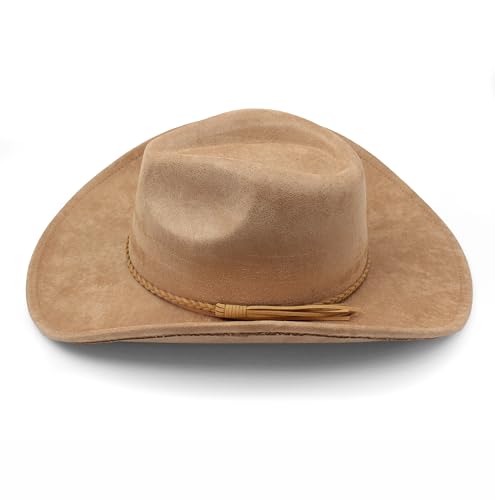Image of Western Cowboy Hat for Women Men Classic Fedora Hats Wide Brim Suede Cowboy Hat for Women with Buckle Belt
