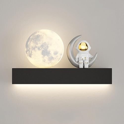 TONFON Lámpara de pared LED con forma de luna for habitación infantil, lámpara de pared con astronauta, aplique de pared moderno con pantalla acrílica blanca for dormitorio, mesita de noche, sala de e
