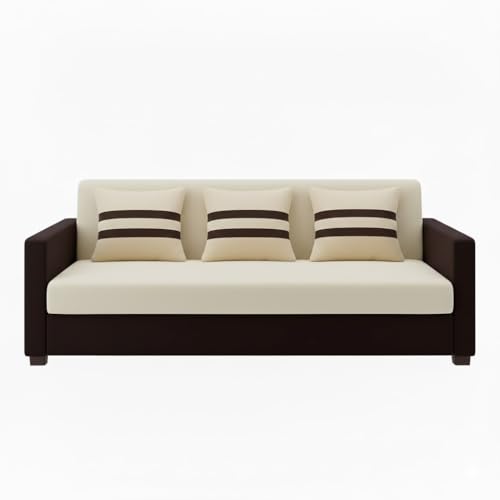Image of FURNY Lifestylio 3 Seater Fabric Sofa Set (Cream-Dark Brown) Premium Velvet Finish | Ideal for Living Rooms, Offices