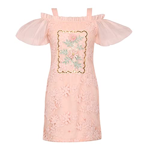 Image of Cutecumber Girls Organza Embroidered Cold Shoulder Shift Cream Dress.CC7065D-CREAM
