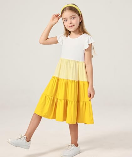 Bamboo Viscose Girl's Summer Dresses 5-14Y, Flutter Sleeve Tiered Swing Midi Casual Sundress with Pockets3