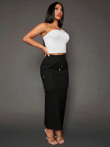 Women Casual Drawstring Waist Pocket Side Skirt Midi Long Skirt2