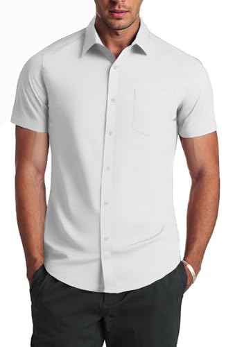 COOFANDY Camisa social masculina casual, de manga curta, negócios, casual, sem rugas, com bolsos, Branco, G