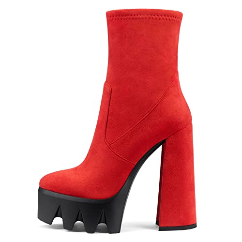 Castamere Mujer Alto High Heel Botines Redonda Punta Chunky Ancho 14 CM Heels Slip on Cremallera Zapatos Rojo 41 EU