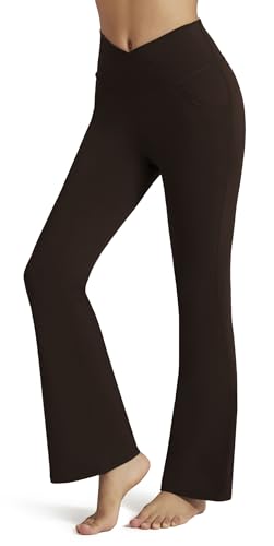 Maxbee Flare Leggings for Women with Pockets V Crossover High Waisted Yoga Pants Tummy Control Workout Wide Leg Bootcut Pants Brown