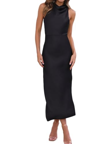 Halfisland Satin High Neck Backless Sleeveless Midi Dresses for Women Elegant Mock Neck High Waist Cross Back Cocktail Dress