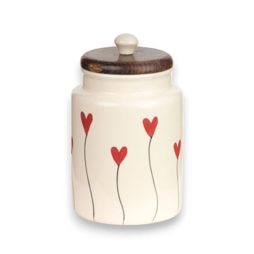 Image of Airtight Ceramic Jars (Pack of 2) - 900ml Each - Wooden Lid - Kitchen Containers for Sugar, Tea, Salt, Pickles, Pulses & More (Red Heart Lines)