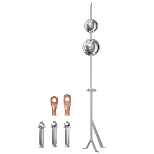 Lightning Rod High-Reaching Lightning Rod Kit Lightning Protection Equipment System for Roof Pole Top House Tower Tank Roof Safety (Flattop Mount 2 Balls with Height Enhanced Bracket)