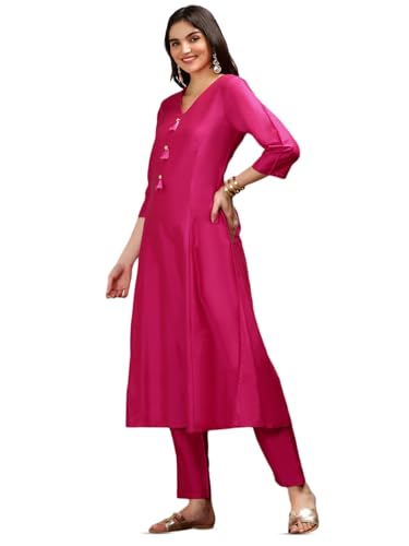 Image of ishin V-Neck Three-Quarter Sleeves Kurta with Trousers & With printed Dupatta | Kurta set for women | Kurta with trousers and dupatta