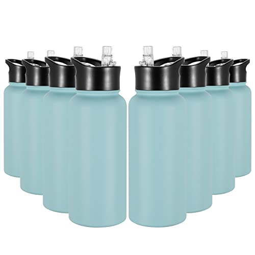 VQRRCKI 32 oz Insulated Water Bottle Bulk 8 Pack, Stainless Steel Sports Water Bottles with Straw Lid & Wide Mouth Lids, Double Walled Vacuum, Leak Proof, Turquoise Blue