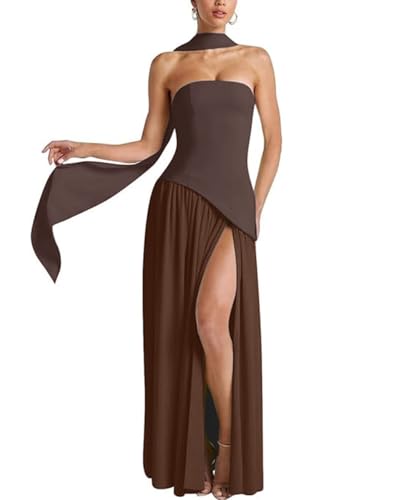 Women Strapless Patchwork Maxi Dress Sexy High Slit Tube Top Party Club with Scarf Long Prom Wedding Guest Dresses