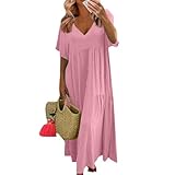 Bengbobar Women Cotton Linen Maxi Dress Long Floor Length Dress Casual Short Sleeve Loose Baggy Oversized V Neck Summer Swing Dress Pink Linen Dress Summer Beach Plus Size Dress Small