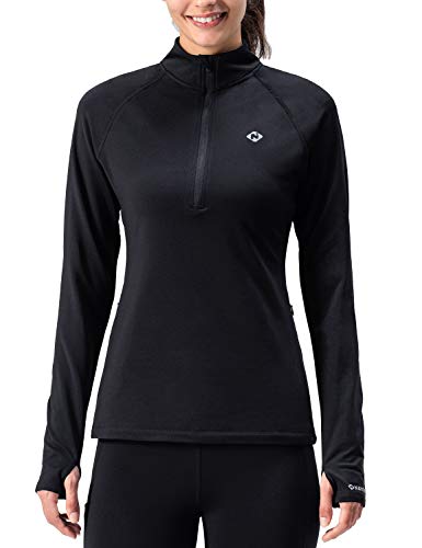 NAVISKIN Women's Thermal Fleece Half Zip Thumbholes Long Sleeve Shirts Outdoor Running Top Black Size L