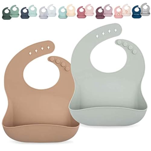 Image of AVA + OLIVER Waterproof Silicone Bib Set with Adjustable Neck Closure - Durable Silicone Bibs for Babies - Set of 2