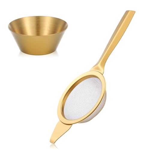TIESOME Tamiz Matcha con taza de acero inoxidable, colador de malla fina de 6 cm, mini colador de cocina con mango reforzado para tamizar, colar, escurrir (dorado)