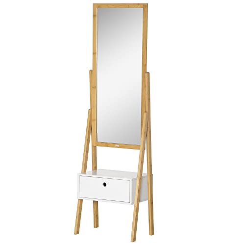 HOMCOM Miroir sur Pied avec tiroir de Rangement en Bambou et MDF 45 L x 30 l x 160 H cm Blanc et Naturel
