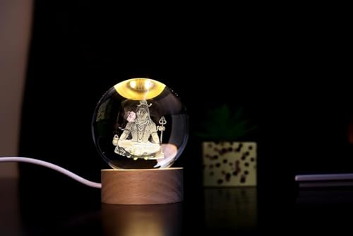 Image of STARKENDY 3D Mahadev Crystal Ball LED Night Lamp, Creative Engraved Night Light Wooden Base, Warm White Decorative Table Lamp for Home, Office, Bedroom, Birthday Gift