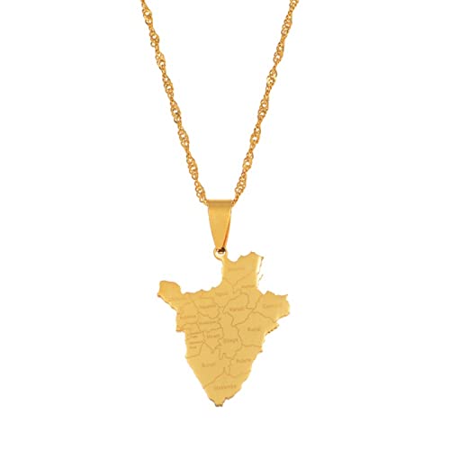 WEJUN Collier Pendentif Carte - Carte du Burundi avec Le Nom De La Ville Femmes Pendentif Colliers Bijoux Burundais Ethnique Cadeaux d'anniversaire, Yellow, 60Cm