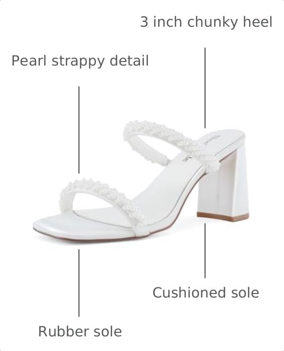 Image of Shoe'N Tale Pearl Strappy Heels for Women Two Band Chunky Block Heeled Sandals Square Open Toe Backless Mules Slip On Pumps Dressy Shoes