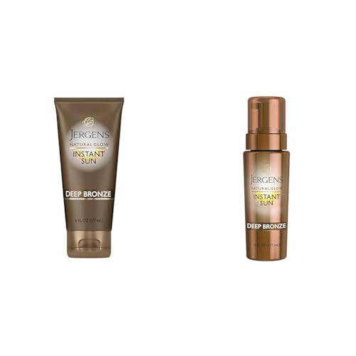 Jergens Natural Glow Instant Sun Sunless Tanning Moisturizer + Bronzer & Natural Glow Instant Sun Body Mousse, Self Tanner for Deep Bronze Tan, Sunless Tanning Body Bronzer