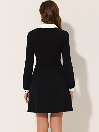 Image of Allegra K Contrast Color Dress for Women's Collared Long Sleeve Halloween Party Flare Dresses