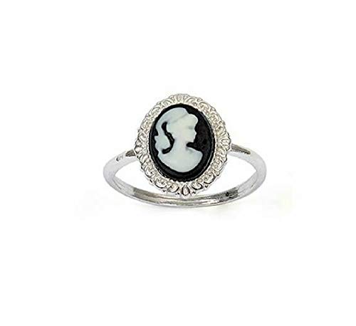 Bague en argent massif 925°°° rhodié de la marque line.bijoux : camée fond noir pour soirée cocktail, taille 52, poinçonnée et garantie sans nickel